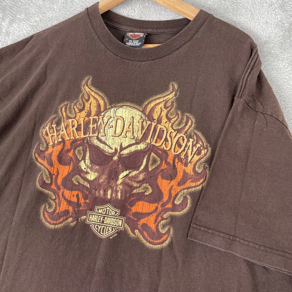 Vintage Harley Davidson Shirt Mens 2XL Brown Y2K Nags Head NC Skull Eagle Biker